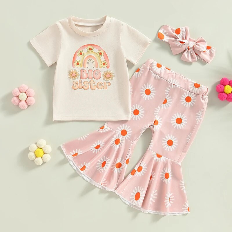 Bērnu meiteņu tērpi Vasaras varavīksnes burtu apdruka T-krekls ar īsām piedurknēm un ikdienišķs ziedu bikses galvas saišu komplekts