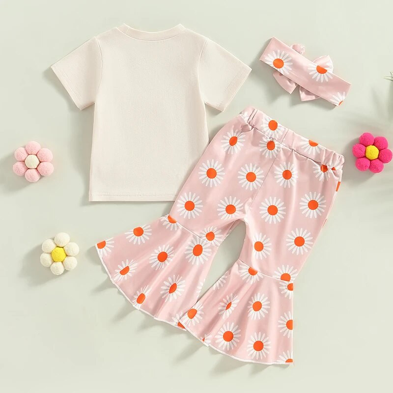 Bērnu meiteņu tērpi Vasaras varavīksnes burtu apdruka T-krekls ar īsām piedurknēm un ikdienišķs ziedu bikses galvas saišu komplekts