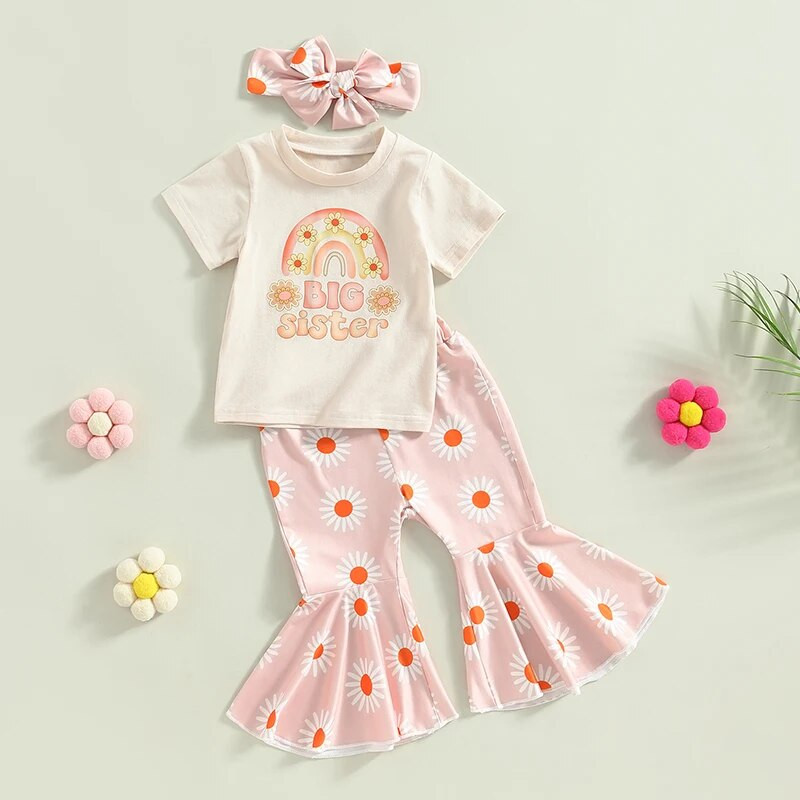 Bērnu meiteņu tērpi Vasaras varavīksnes burtu apdruka T-krekls ar īsām piedurknēm un ikdienišķs ziedu bikses galvas saišu komplekts