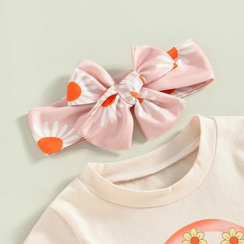 Bērnu meiteņu tērpi Vasaras varavīksnes burtu apdruka T-krekls ar īsām piedurknēm un ikdienišķs ziedu bikses galvas saišu komplekts