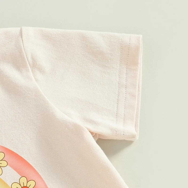 Bērnu meiteņu tērpi Vasaras varavīksnes burtu apdruka T-krekls ar īsām piedurknēm un ikdienišķs ziedu bikses galvas saišu komplekts