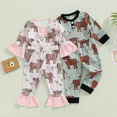 Jauns pavasaris rudens jaundzimušo mazuļu zēnu meiteņu apģērbu komplekti liellopu apdrukai T-krekli ar garām piedurknēm + garās bikses cēloņsakarības tērpi