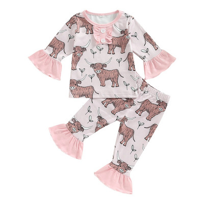 Jauns pavasaris rudens jaundzimušo mazuļu zēnu meiteņu apģērbu komplekti liellopu apdrukai T-krekli ar garām piedurknēm + garās bikses cēloņsakarības tērpi