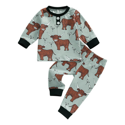 Jauns pavasaris rudens jaundzimušo mazuļu zēnu meiteņu apģērbu komplekti liellopu apdrukai T-krekli ar garām piedurknēm + garās bikses cēloņsakarības tērpi