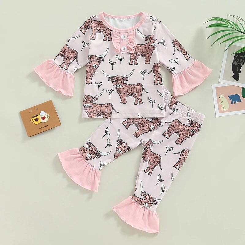 Jauns pavasaris rudens jaundzimušo mazuļu zēnu meiteņu apģērbu komplekti liellopu apdrukai T-krekli ar garām piedurknēm + garās bikses cēloņsakarības tērpi