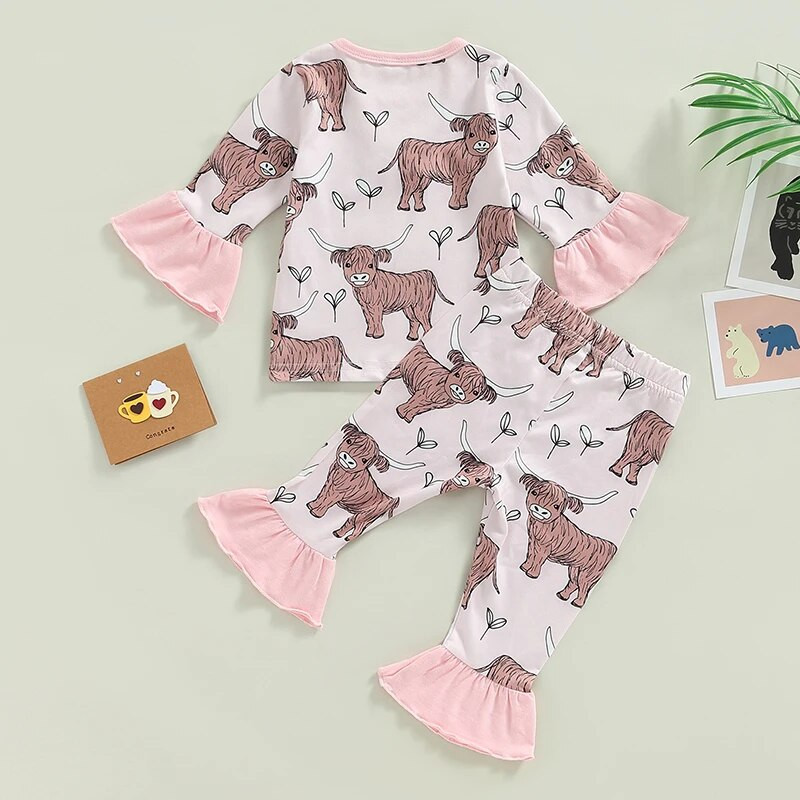 Jauns pavasaris rudens jaundzimušo mazuļu zēnu meiteņu apģērbu komplekti liellopu apdrukai T-krekli ar garām piedurknēm + garās bikses cēloņsakarības tērpi