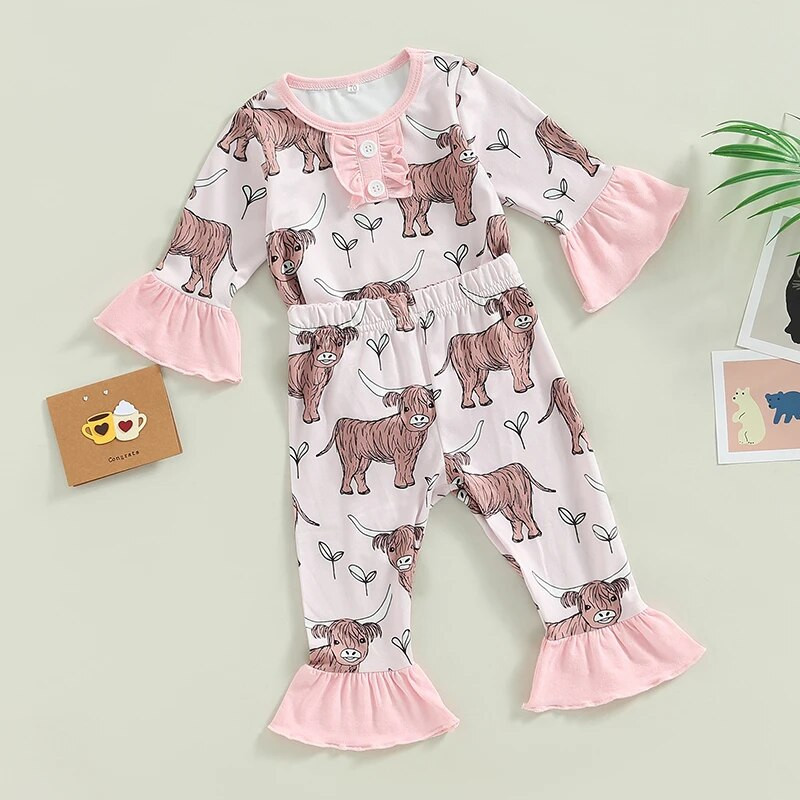 Jauns pavasaris rudens jaundzimušo mazuļu zēnu meiteņu apģērbu komplekti liellopu apdrukai T-krekli ar garām piedurknēm + garās bikses cēloņsakarības tērpi