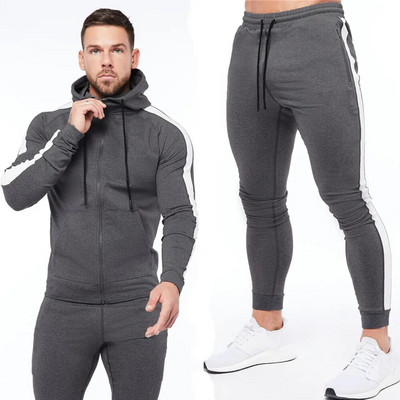 2 buc. costum de îmbrăcăminte sport pentru bărbați, hanorac cu fermoar, hanorac, pantaloni, ocazional, pantaloni de sport de fitness, pentru bărbați, din bumbac, pentru alergare.