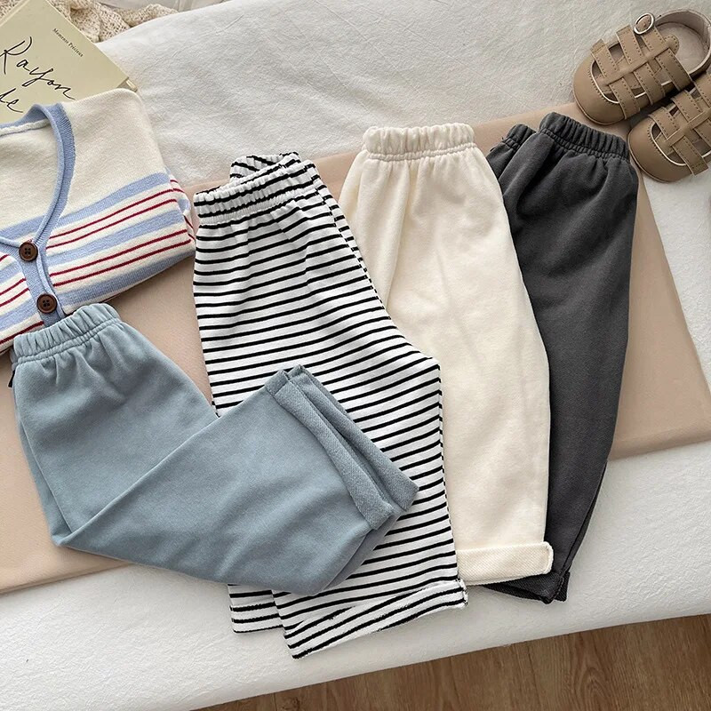 Ikdienas zīdaiņu bikses ar apakšējo daļu kokvilnas elastīgās svītrainās bikses zīdaiņu apģērbi bērniem mazuļu zēnu meiteņu apģērbi