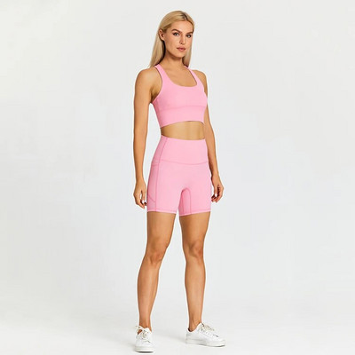 ABS LOLI Strechy Nylon Σετ Γιόγκα Κοστούμια γυμναστικής Επενδυμένες τσέπες Crop Top σουτιέν Αθλητικό σορτς 2 τεμαχίων σετ προπόνησης Ρούχα γυμναστικής