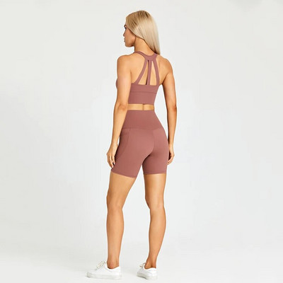 ABS LOLI Strechy Nylon Σετ Γιόγκα Κοστούμια γυμναστικής Επενδυμένες τσέπες Crop Top σουτιέν Αθλητικό σορτς 2 τεμαχίων σετ προπόνησης Ρούχα γυμναστικής