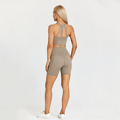 ABS LOLI Strechy Nylon Σετ Γιόγκα Κοστούμια γυμναστικής Επενδυμένες τσέπες Crop Top σουτιέν Αθλητικό σορτς 2 τεμαχίων σετ προπόνησης Ρούχα γυμναστικής