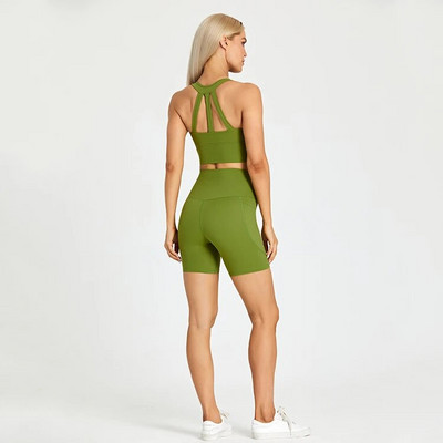 ABS LOLI Strechy Nylon Σετ Γιόγκα Κοστούμια γυμναστικής Επενδυμένες τσέπες Crop Top σουτιέν Αθλητικό σορτς 2 τεμαχίων σετ προπόνησης Ρούχα γυμναστικής