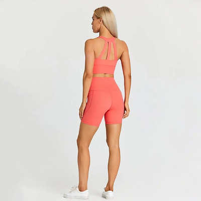 ABS LOLI Strechy Nylon Σετ Γιόγκα Κοστούμια γυμναστικής Επενδυμένες τσέπες Crop Top σουτιέν Αθλητικό σορτς 2 τεμαχίων σετ προπόνησης Ρούχα γυμναστικής