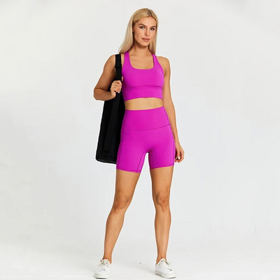 ABS LOLI Strechy Nylon Σετ Γιόγκα Κοστούμια γυμναστικής Επενδυμένες τσέπες Crop Top σουτιέν Αθλητικό σορτς 2 τεμαχίων σετ προπόνησης Ρούχα γυμναστικής