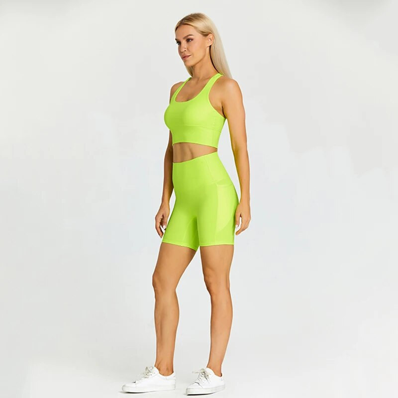 ABS LOLI Strechy Nylon Σετ Γιόγκα Κοστούμια γυμναστικής Επενδυμένες τσέπες Crop Top σουτιέν Αθλητικό σορτς 2 τεμαχίων σετ προπόνησης Ρούχα γυμναστικής