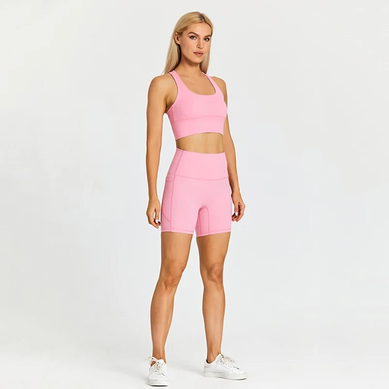 ABS LOLI Strechy Nylon Σετ Γιόγκα Κοστούμια γυμναστικής Επενδυμένες τσέπες Crop Top σουτιέν Αθλητικό σορτς 2 τεμαχίων σετ προπόνησης Ρούχα γυμναστικής