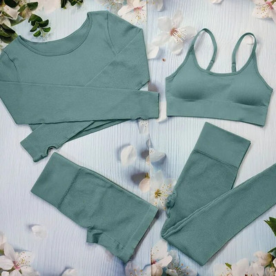 Σετ γιόγκα με ραβδώσεις Κοστούμια γυμναστικής λευκά γυναικεία αθλητικά ρούχα χωρίς ραφή στολή προπόνησης Μακρυμάνικο μπλουζάκι αθλητικό κολάν 2 τεμαχίων Ρούχα γυμναστικής