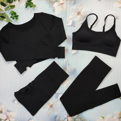 Σετ γιόγκα με ραβδώσεις Κοστούμια γυμναστικής λευκά γυναικεία αθλητικά ρούχα χωρίς ραφή στολή προπόνησης Μακρυμάνικο μπλουζάκι αθλητικό κολάν 2 τεμαχίων Ρούχα γυμναστικής