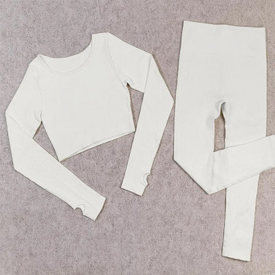 Σετ γιόγκα με ραβδώσεις Κοστούμια γυμναστικής λευκά γυναικεία αθλητικά ρούχα χωρίς ραφή στολή προπόνησης Μακρυμάνικο μπλουζάκι αθλητικό κολάν 2 τεμαχίων Ρούχα γυμναστικής