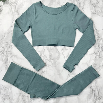 Σετ γιόγκα με ραβδώσεις Κοστούμια γυμναστικής λευκά γυναικεία αθλητικά ρούχα χωρίς ραφή στολή προπόνησης Μακρυμάνικο μπλουζάκι αθλητικό κολάν 2 τεμαχίων Ρούχα γυμναστικής