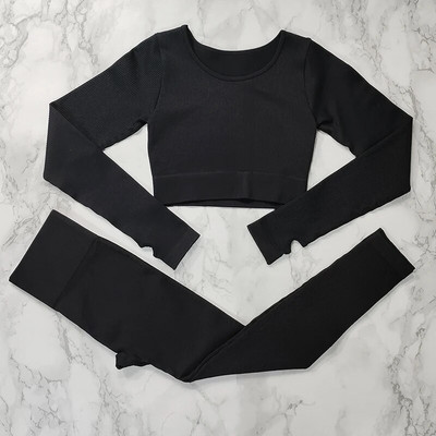 Σετ γιόγκα με ραβδώσεις Κοστούμια γυμναστικής λευκά γυναικεία αθλητικά ρούχα χωρίς ραφή στολή προπόνησης Μακρυμάνικο μπλουζάκι αθλητικό κολάν 2 τεμαχίων Ρούχα γυμναστικής