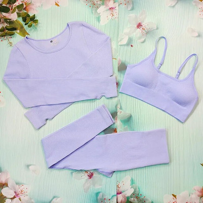 Σετ γιόγκα με ραβδώσεις Κοστούμια γυμναστικής λευκά γυναικεία αθλητικά ρούχα χωρίς ραφή στολή προπόνησης Μακρυμάνικο μπλουζάκι αθλητικό κολάν 2 τεμαχίων Ρούχα γυμναστικής