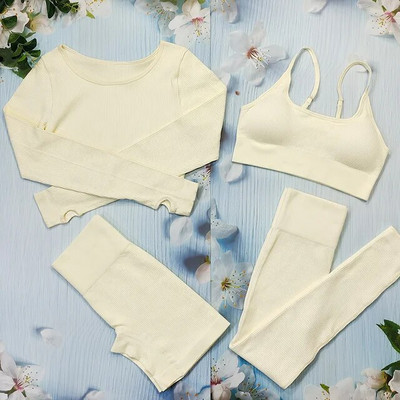 Σετ γιόγκα με ραβδώσεις Κοστούμια γυμναστικής λευκά γυναικεία αθλητικά ρούχα χωρίς ραφή στολή προπόνησης Μακρυμάνικο μπλουζάκι αθλητικό κολάν 2 τεμαχίων Ρούχα γυμναστικής