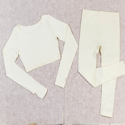 Σετ γιόγκα με ραβδώσεις Κοστούμια γυμναστικής λευκά γυναικεία αθλητικά ρούχα χωρίς ραφή στολή προπόνησης Μακρυμάνικο μπλουζάκι αθλητικό κολάν 2 τεμαχίων Ρούχα γυμναστικής