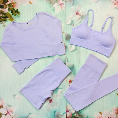 Σετ γιόγκα με ραβδώσεις Κοστούμια γυμναστικής λευκά γυναικεία αθλητικά ρούχα χωρίς ραφή στολή προπόνησης Μακρυμάνικο μπλουζάκι αθλητικό κολάν 2 τεμαχίων Ρούχα γυμναστικής