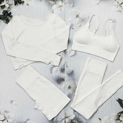 Σετ γιόγκα με ραβδώσεις Κοστούμια γυμναστικής λευκά γυναικεία αθλητικά ρούχα χωρίς ραφή στολή προπόνησης Μακρυμάνικο μπλουζάκι αθλητικό κολάν 2 τεμαχίων Ρούχα γυμναστικής