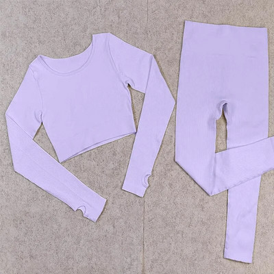 Σετ γιόγκα με ραβδώσεις Κοστούμια γυμναστικής λευκά γυναικεία αθλητικά ρούχα χωρίς ραφή στολή προπόνησης Μακρυμάνικο μπλουζάκι αθλητικό κολάν 2 τεμαχίων Ρούχα γυμναστικής