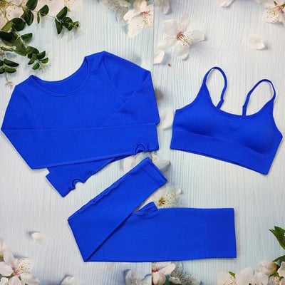 Σετ γιόγκα με ραβδώσεις Κοστούμια γυμναστικής λευκά γυναικεία αθλητικά ρούχα χωρίς ραφή στολή προπόνησης Μακρυμάνικο μπλουζάκι αθλητικό κολάν 2 τεμαχίων Ρούχα γυμναστικής