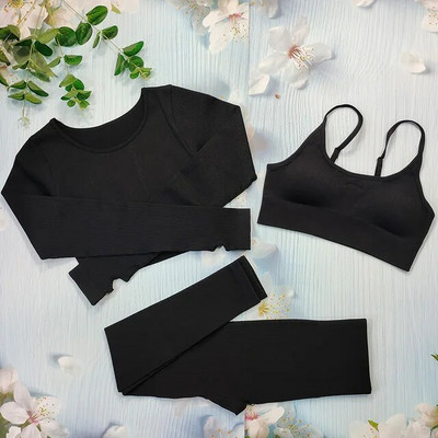 Σετ γιόγκα με ραβδώσεις Κοστούμια γυμναστικής λευκά γυναικεία αθλητικά ρούχα χωρίς ραφή στολή προπόνησης Μακρυμάνικο μπλουζάκι αθλητικό κολάν 2 τεμαχίων Ρούχα γυμναστικής