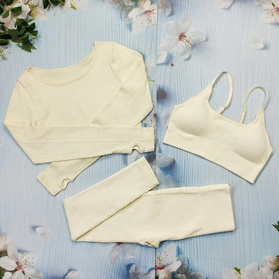 Σετ γιόγκα με ραβδώσεις Κοστούμια γυμναστικής λευκά γυναικεία αθλητικά ρούχα χωρίς ραφή στολή προπόνησης Μακρυμάνικο μπλουζάκι αθλητικό κολάν 2 τεμαχίων Ρούχα γυμναστικής