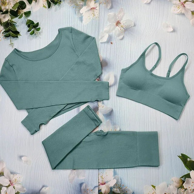 Σετ γιόγκα με ραβδώσεις Κοστούμια γυμναστικής λευκά γυναικεία αθλητικά ρούχα χωρίς ραφή στολή προπόνησης Μακρυμάνικο μπλουζάκι αθλητικό κολάν 2 τεμαχίων Ρούχα γυμναστικής