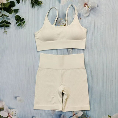 Σετ γιόγκα με ραβδώσεις Κοστούμια γυμναστικής λευκά γυναικεία αθλητικά ρούχα χωρίς ραφή στολή προπόνησης Μακρυμάνικο μπλουζάκι αθλητικό κολάν 2 τεμαχίων Ρούχα γυμναστικής