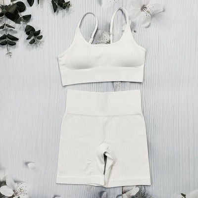 Σετ γιόγκα με ραβδώσεις Κοστούμια γυμναστικής λευκά γυναικεία αθλητικά ρούχα χωρίς ραφή στολή προπόνησης Μακρυμάνικο μπλουζάκι αθλητικό κολάν 2 τεμαχίων Ρούχα γυμναστικής