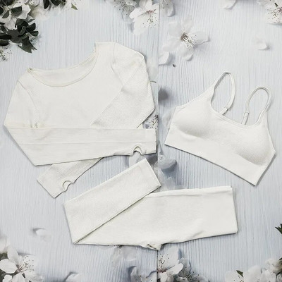 Σετ γιόγκα με ραβδώσεις Κοστούμια γυμναστικής λευκά γυναικεία αθλητικά ρούχα χωρίς ραφή στολή προπόνησης Μακρυμάνικο μπλουζάκι αθλητικό κολάν 2 τεμαχίων Ρούχα γυμναστικής