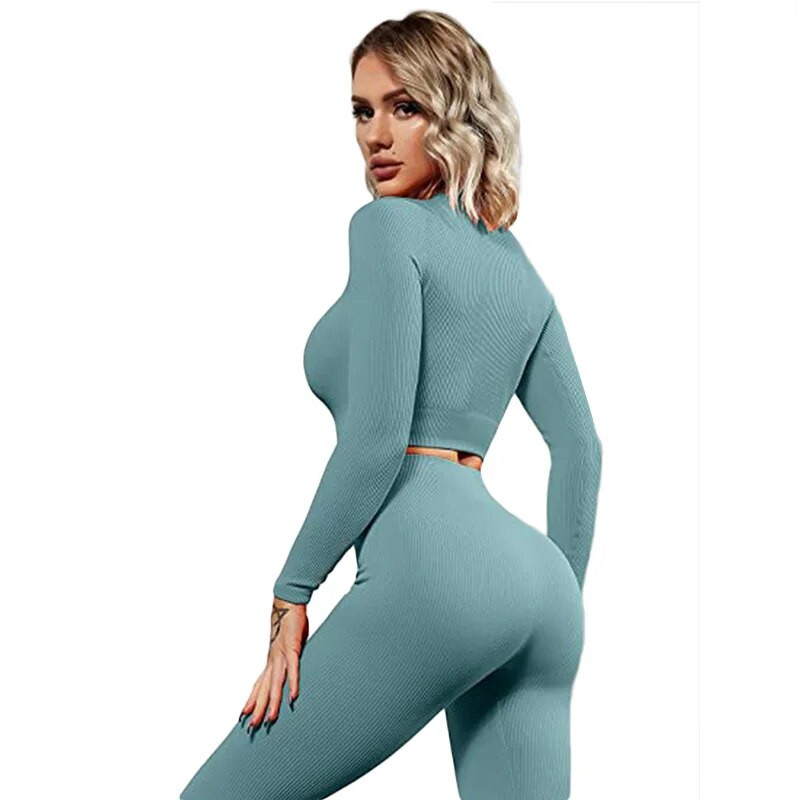 Σετ γιόγκα με ραβδώσεις Κοστούμια γυμναστικής λευκά γυναικεία αθλητικά ρούχα χωρίς ραφή στολή προπόνησης Μακρυμάνικο μπλουζάκι αθλητικό κολάν 2 τεμαχίων Ρούχα γυμναστικής