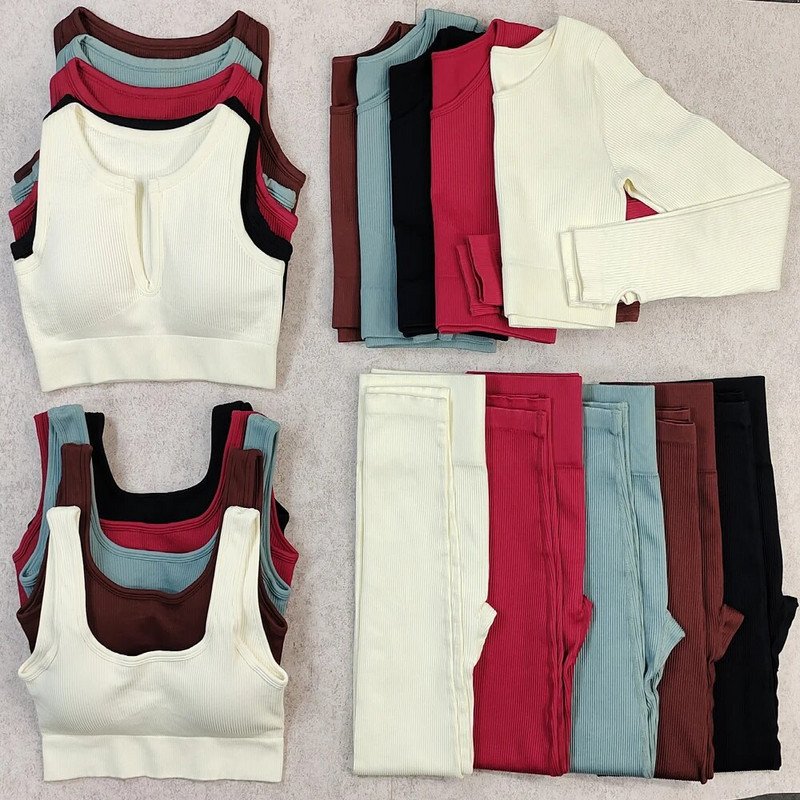 Σετ γιόγκα με ραβδώσεις Κοστούμια γυμναστικής λευκά γυναικεία αθλητικά ρούχα χωρίς ραφή στολή προπόνησης Μακρυμάνικο μπλουζάκι αθλητικό κολάν 2 τεμαχίων Ρούχα γυμναστικής