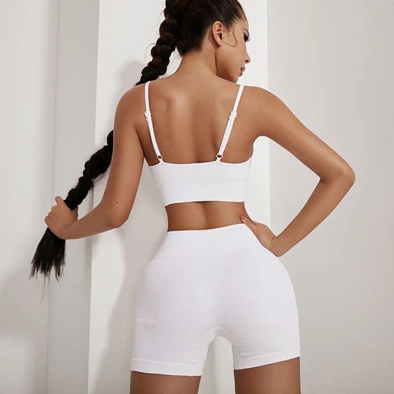 Σετ γιόγκα με ραβδώσεις Κοστούμια γυμναστικής λευκά γυναικεία αθλητικά ρούχα χωρίς ραφή στολή προπόνησης Μακρυμάνικο μπλουζάκι αθλητικό κολάν 2 τεμαχίων Ρούχα γυμναστικής