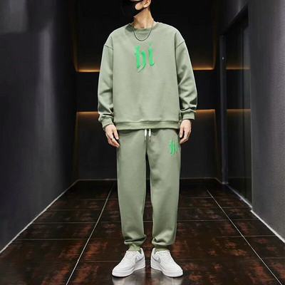 Vīriešu komplekti Rudens jauns ikdienas apdruka ar apaļu kakla izgriezumu, garām piedurknēm, topi Džemperis Harēma bikses Taisnas bikses Sporta divu gabalu uzvalks