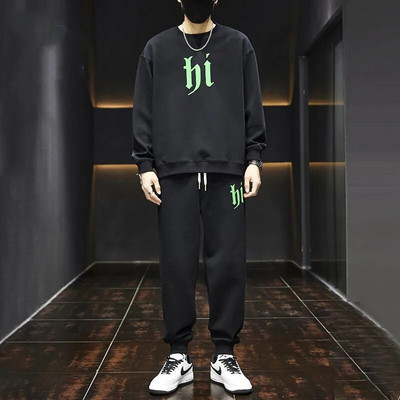 Vīriešu komplekti Rudens jauns ikdienas apdruka ar apaļu kakla izgriezumu, garām piedurknēm, topi Džemperis Harēma bikses Taisnas bikses Sporta divu gabalu uzvalks