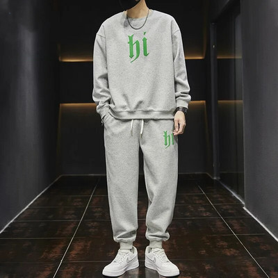Vīriešu komplekti Rudens jauns ikdienas apdruka ar apaļu kakla izgriezumu, garām piedurknēm, topi Džemperis Harēma bikses Taisnas bikses Sporta divu gabalu uzvalks