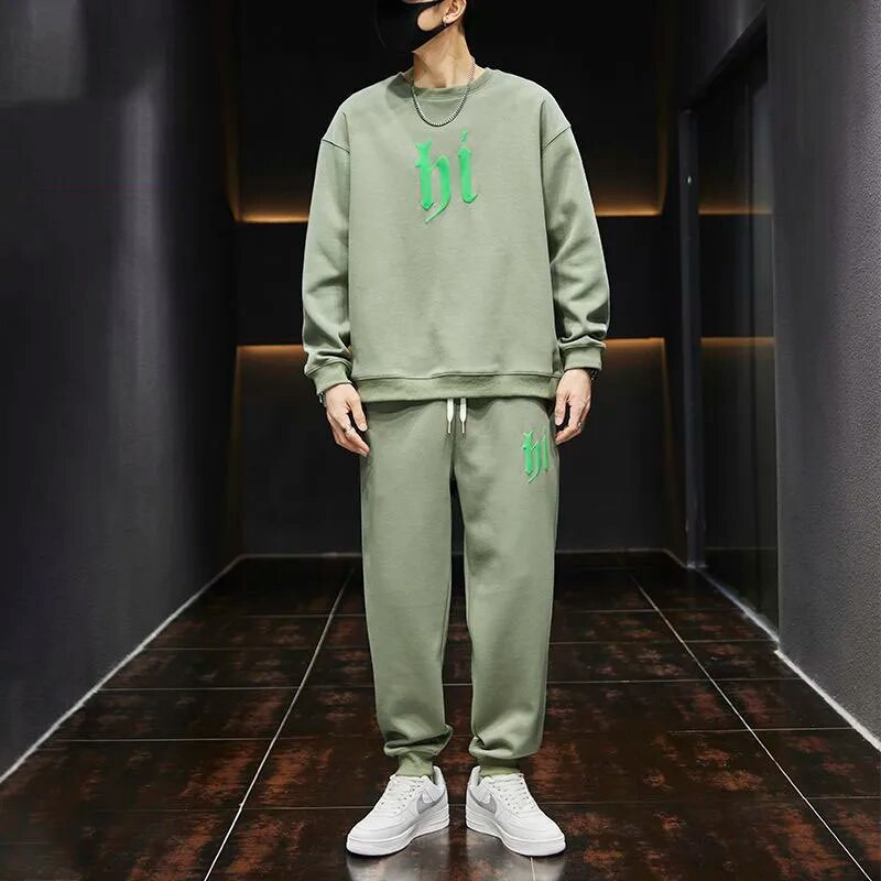 Vīriešu komplekti Rudens jauns ikdienas apdruka ar apaļu kakla izgriezumu, garām piedurknēm, topi Džemperis Harēma bikses Taisnas bikses Sporta divu gabalu uzvalks