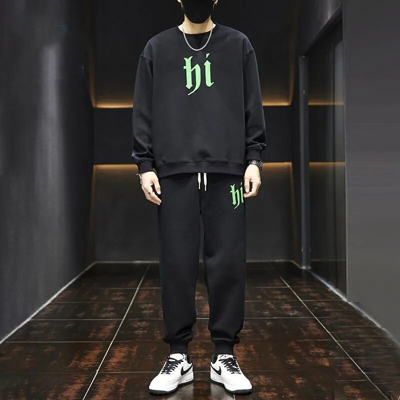 Vīriešu komplekti Rudens jauns ikdienas apdruka ar apaļu kakla izgriezumu, garām piedurknēm, topi Džemperis Harēma bikses Taisnas bikses Sporta divu gabalu uzvalks