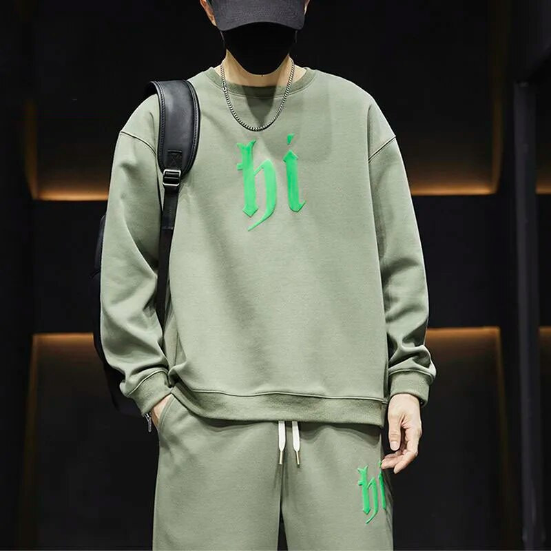 Vīriešu komplekti Rudens jauns ikdienas apdruka ar apaļu kakla izgriezumu, garām piedurknēm, topi Džemperis Harēma bikses Taisnas bikses Sporta divu gabalu uzvalks
