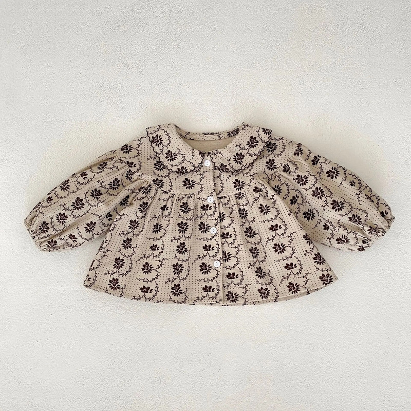 Άνετο γοητευτικό: Floral print γιακά Peter Pan Μακρυμάνικο πουκάμισο + παντελόνι με καμπάνα σετ για παιδικά κοριτσάκια το φθινόπωρο 2023