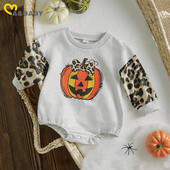 Ma&Baby 0-18M Αποκριάτικες στολές μωρών νεογέννητων βρεφών κοριτσιών λεοπάρ φιόγκος κολοκυθάκι στάμπα μακρυμάνικη φόρμα φθινοπωρινής άνοιξης